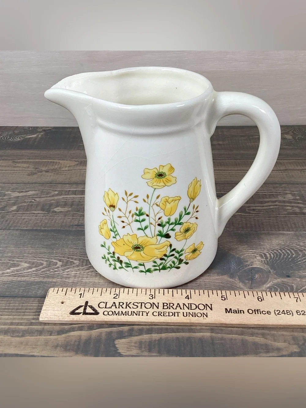 Vintage 5.5” Pottery Pitcher Yellow Wildflowers Floral Farmhouse Rustic Vase